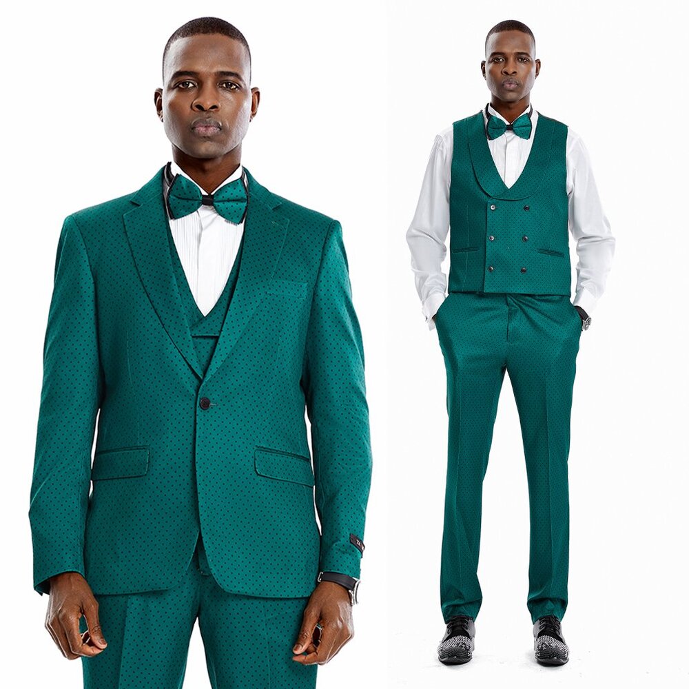 Green w/ Black Polka Dots Mens Skinny Suit Fit by Tazio